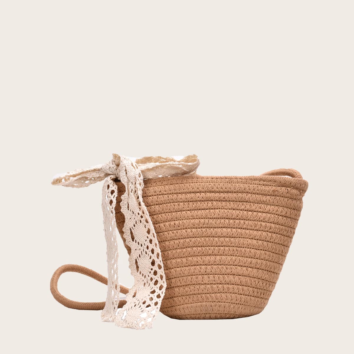 Bow Decor Braided Crossbody Bag, Beige
