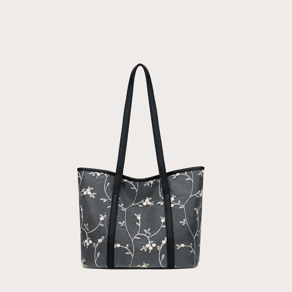 

Floral Embroidery Tote Bag, Black