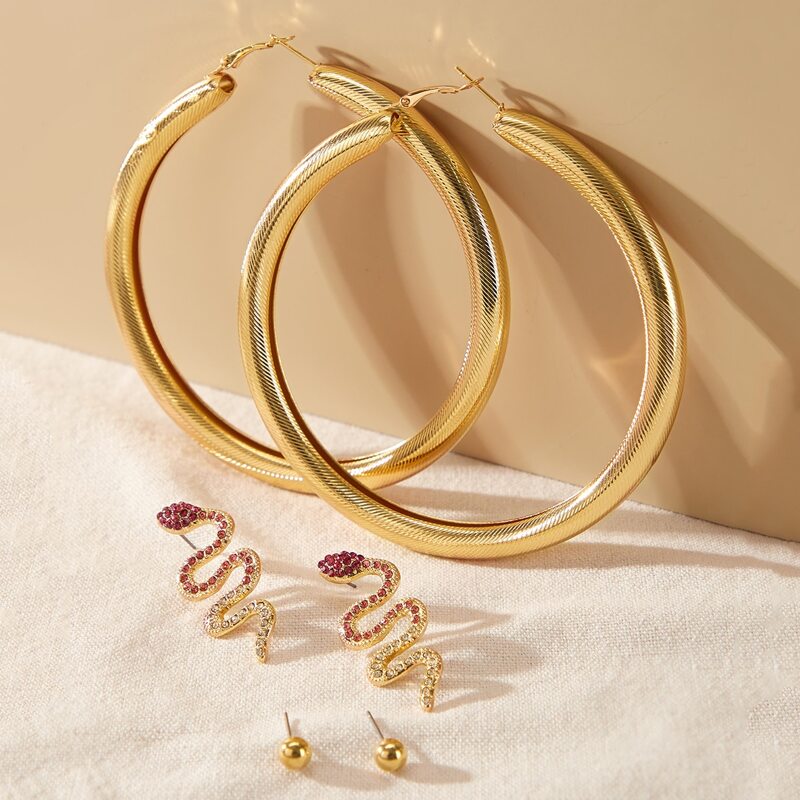 

3pairs Rhinestone Earrings Set, Gold