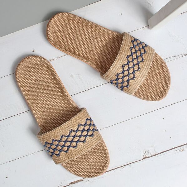 

Men Open Toe Embroidered Detail Slippers, Khaki