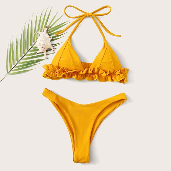 

Frill Trim Halter Triangle Bikini Swimsuit, Yellow