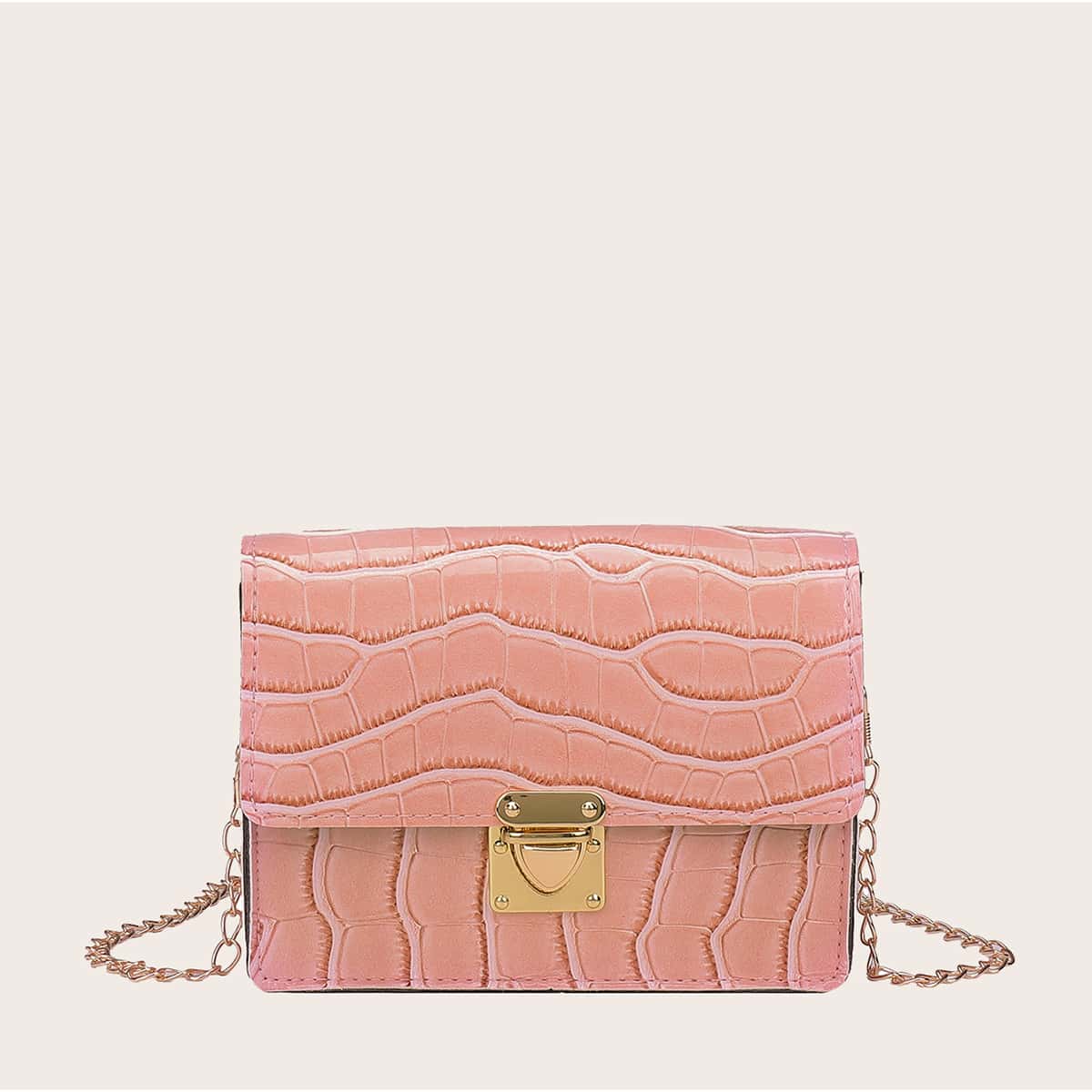 

Croc Embossed Flap Chain Crossbody Bag, Pink