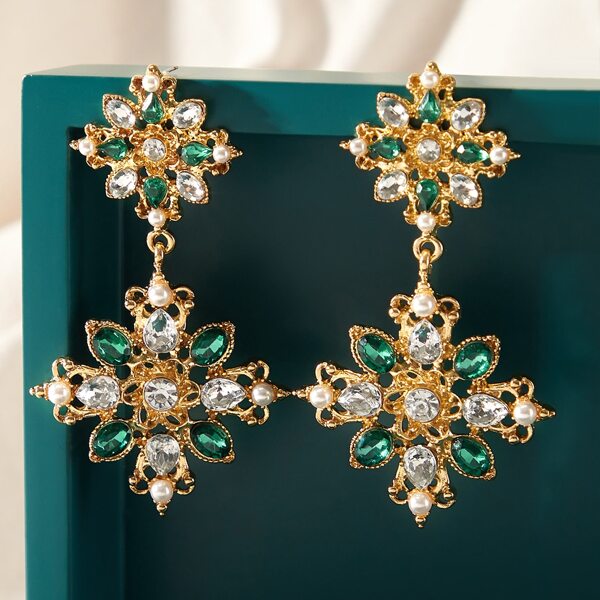 

Rhinestone Flower Earrings, Green