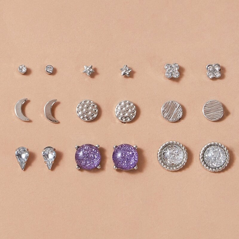 

9pairs Rhinestone Earrings Set, Silver