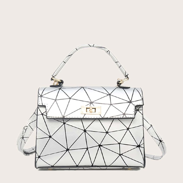 

Geometric Graphic Flap Satchel Bag, Silver