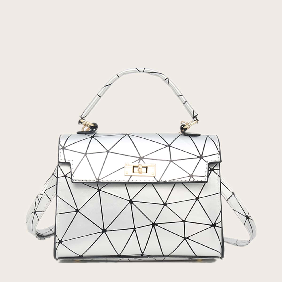 

Geometric Graphic Flap Satchel Bag, Silver