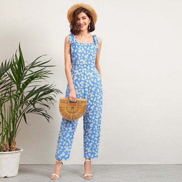 

Floral Print Tie Shoulder Cami Jumpsuit, Blue