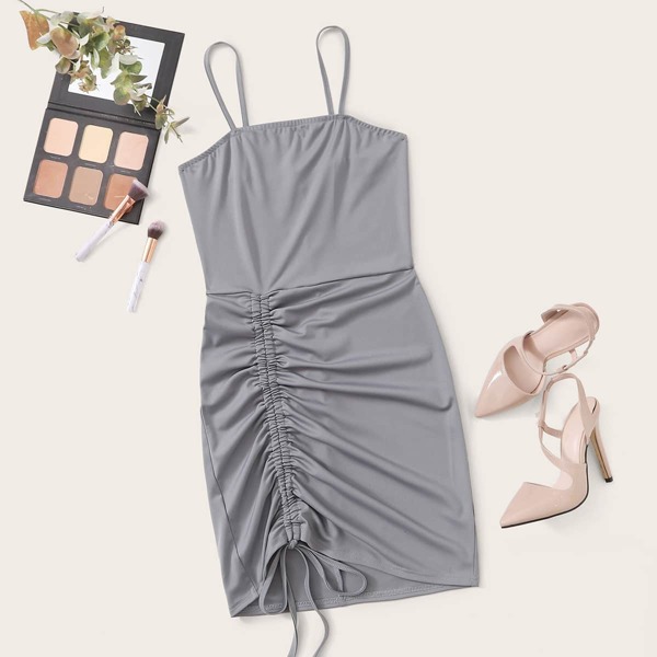 

Solid Drawstring Detail Cami Dress, Grey