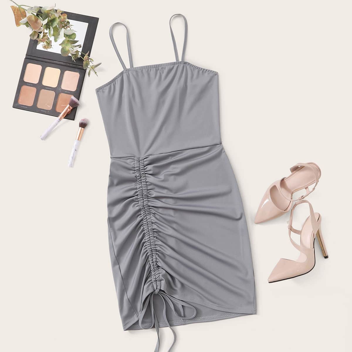 Solid Drawstring Detail Cami Dress, Grey