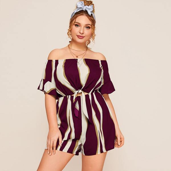 

Plus Bardot Color-block Tie Front Peekaboo Romper, Multicolor