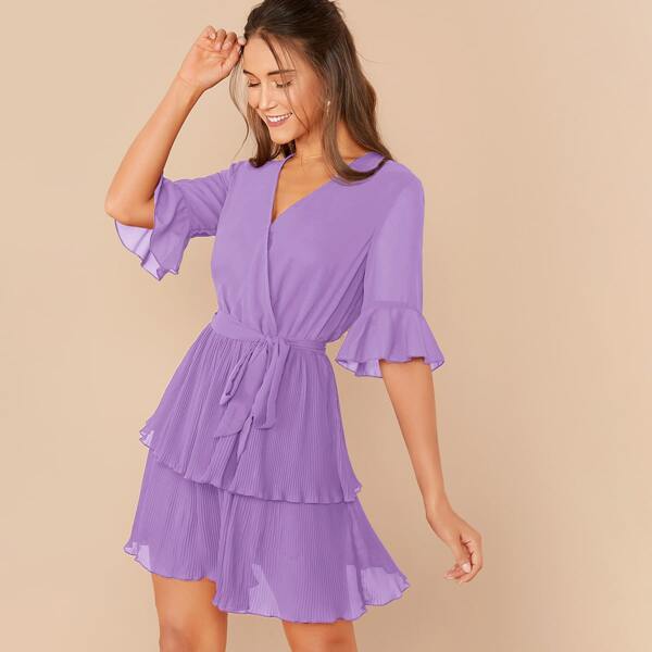 

Surplice Neck Layered Plisse Ruffle Hem Belted Dress, Purple pastel