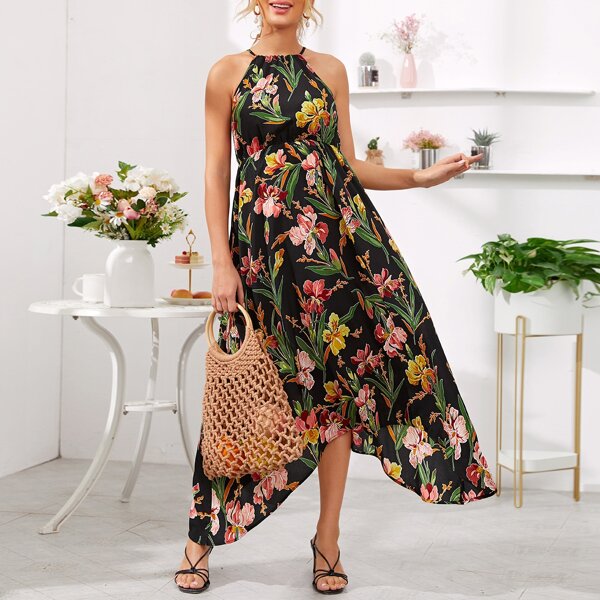 

Maternity Asymmetrical Hem Floral Print Cami Dress, Multicolor