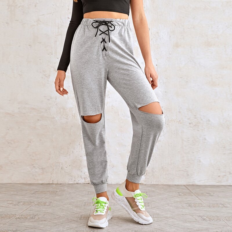 

Lace Up Front Ripped Sweatpants, Grey