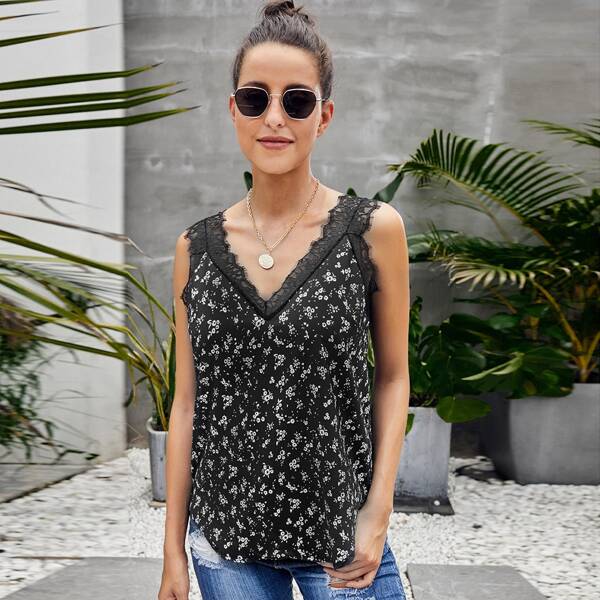 

Ditsy Floral Print Lace Panel Tank Top, Black