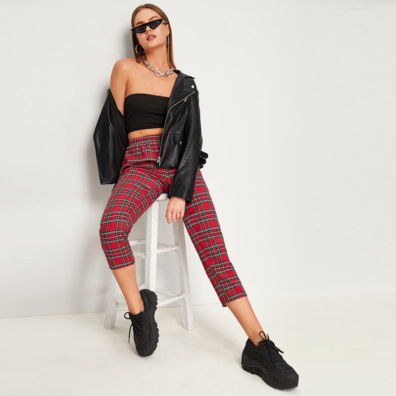 

Rib-knit Crop Tube Top & Tartan Pants Set, Multicolor