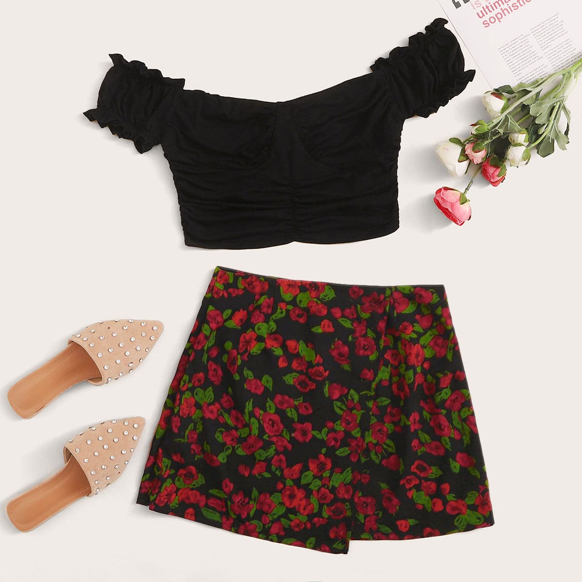 

Off Shoulder Puff Sleeve Ruched Top & Floral Skirt Set, Multicolor