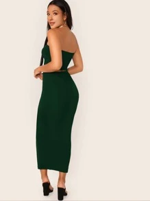 SHEIN BAE Solid Tube Top & Bodycon Skirt Set - Green - View 2