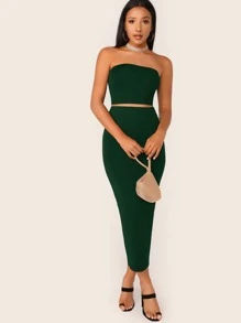 SHEIN BAE Solid Tube Top & Bodycon Skirt Set - Green - View 5
