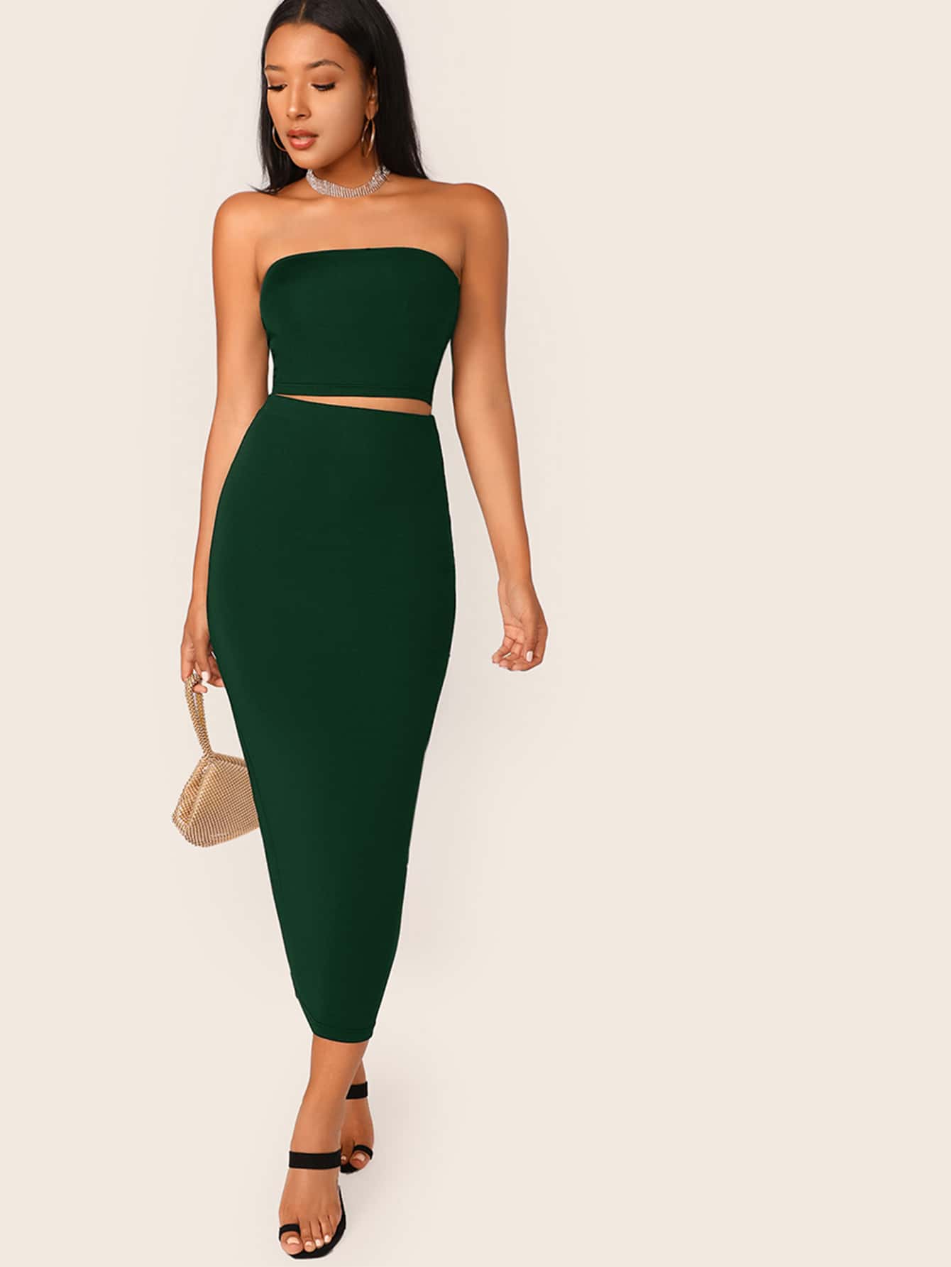 SHEIN BAE Solid Tube Top & Bodycon Skirt Set - Green - View 1