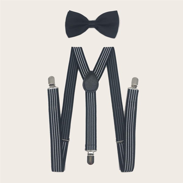 

Men Striped Suspender & Bow Tie, Black and white