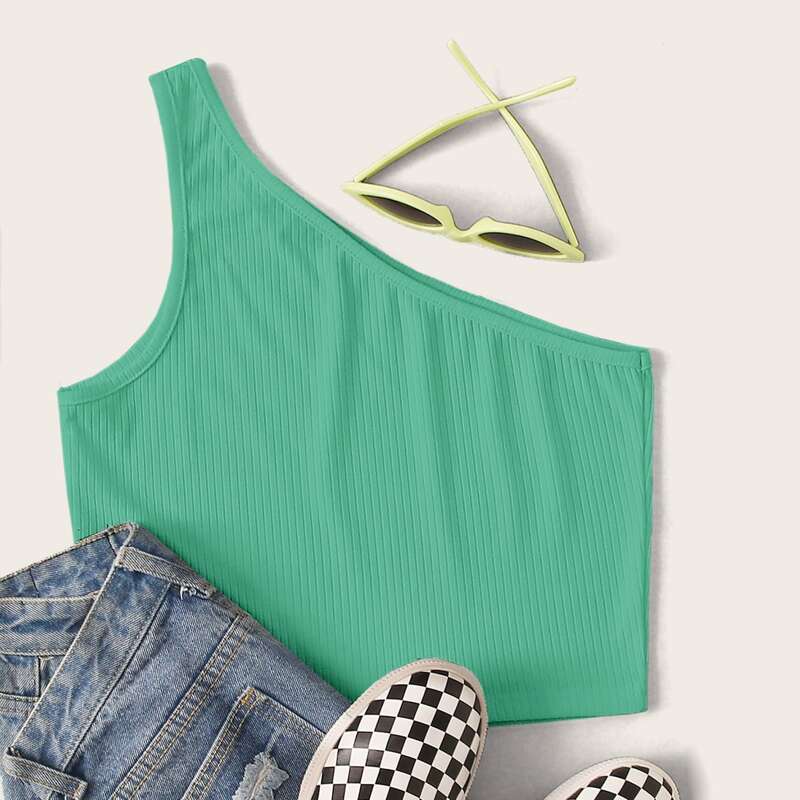 

One Shoulder Solid Crop Top, Green