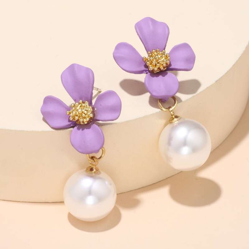 

Faux Pearl Flower Earrings, Purple
