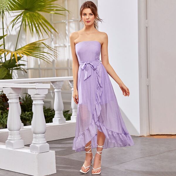 

Belted Ruffle Asymmetrical Hem Tube Dress, Purple pastel