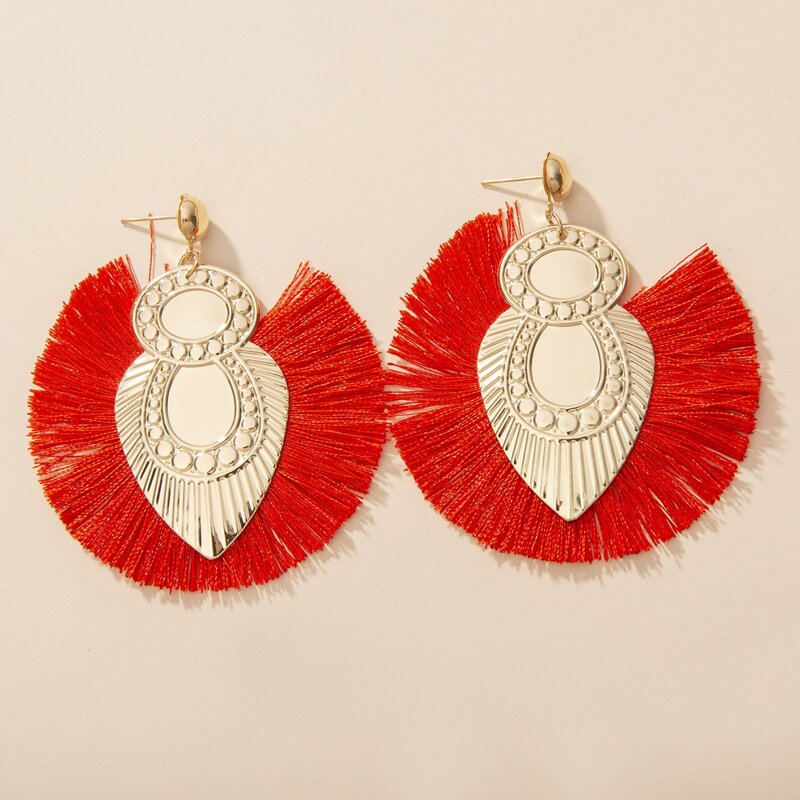 

Tassel Fan Charm Drop Earrings, Red