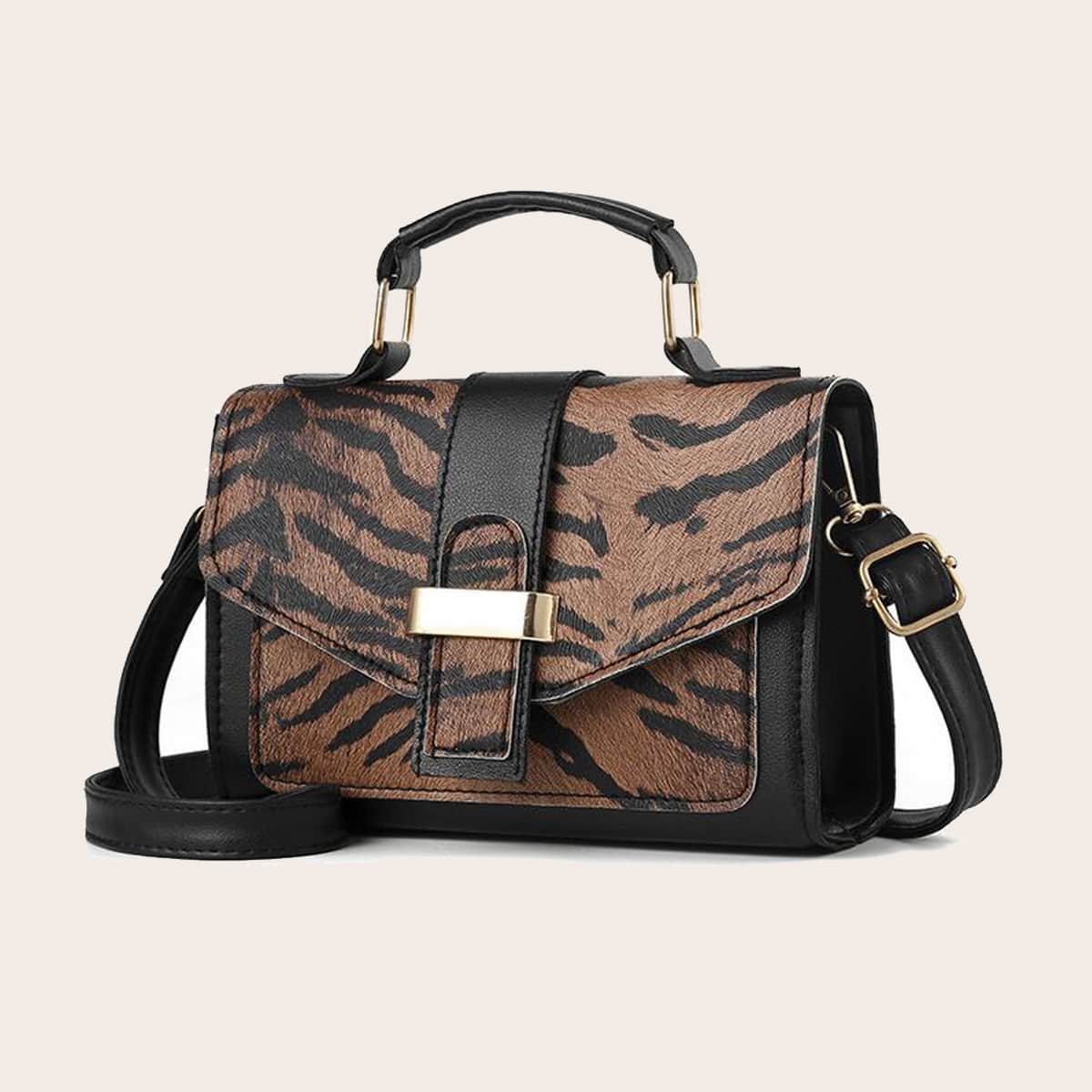 

Tiger Pattern Flap Satchel Bag, Multicolor