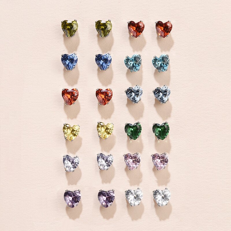 

12pairs Rhinestone Heart Earrings, Multicolor