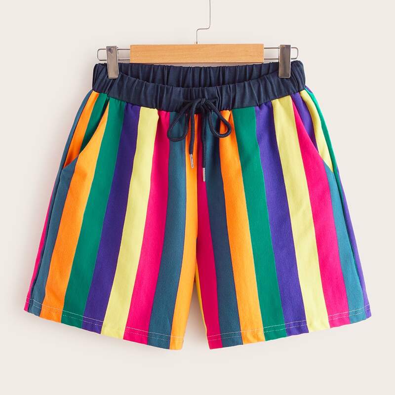

Rainbow Striped Drawstring Shorts, Multicolor