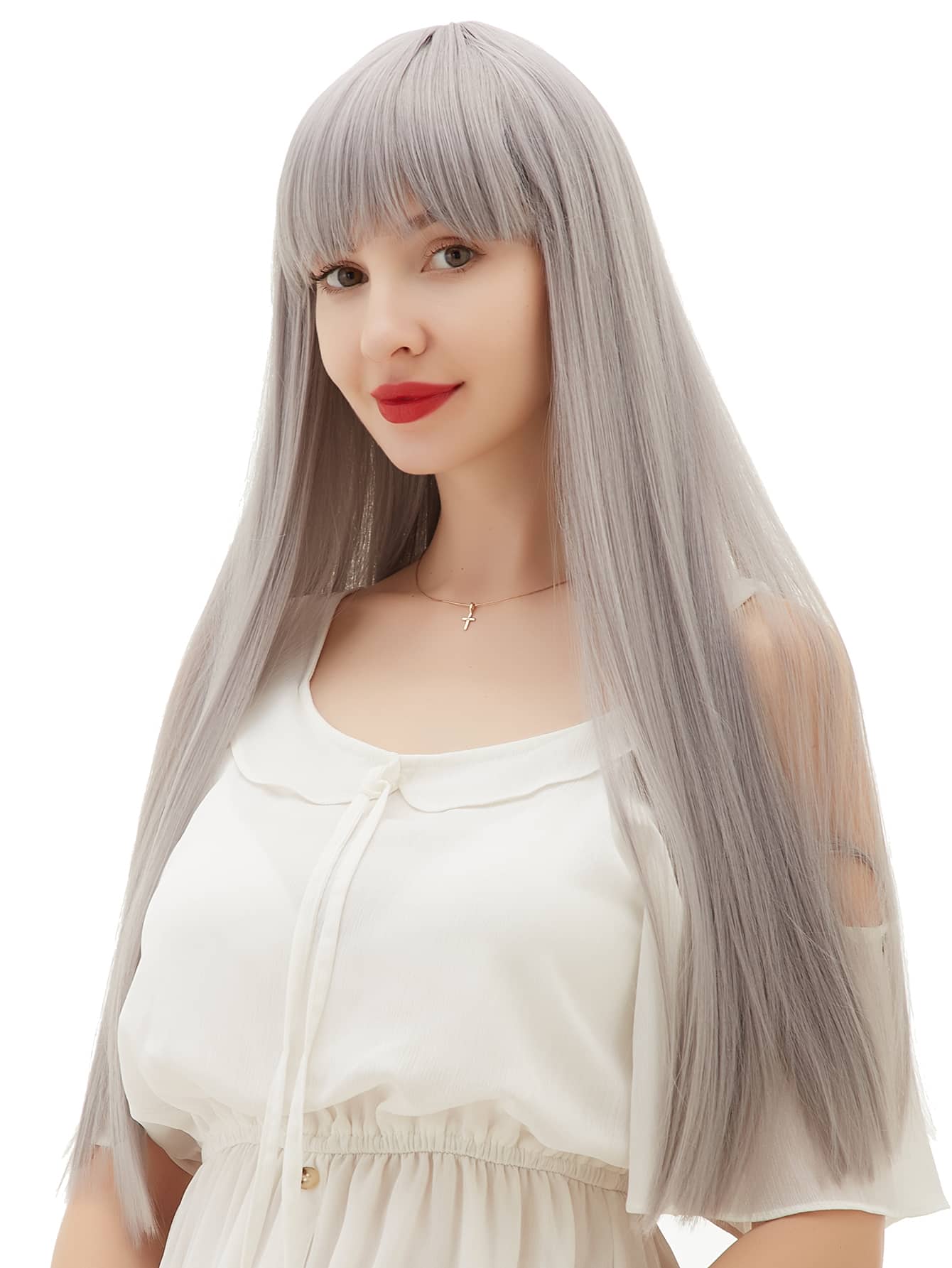 Natural Long Straight Wig With Bang - Grey - View 1