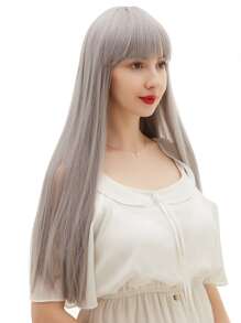 Natural Long Straight Wig With Bang - Grey - View 4