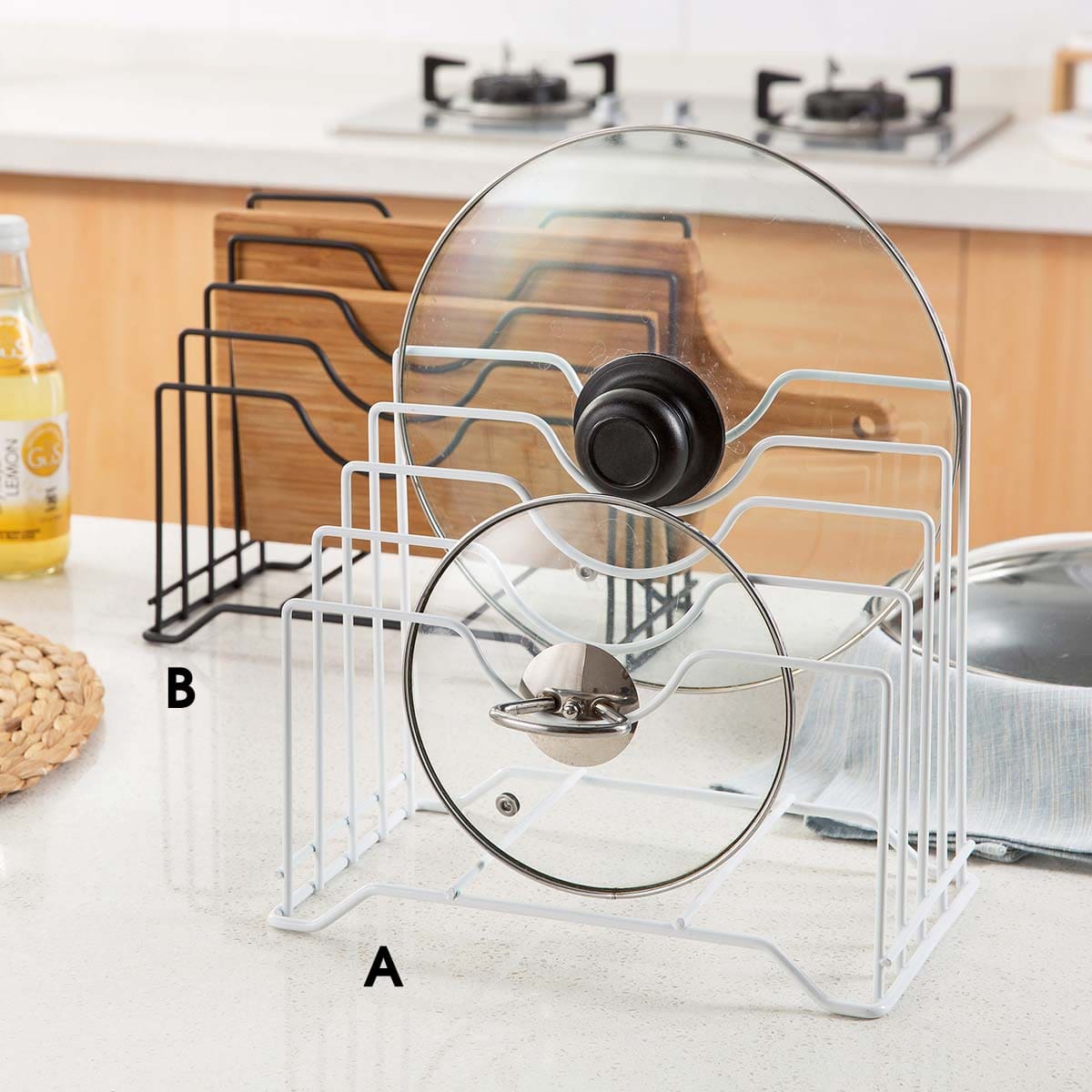 

1pc Kitchen Cutting Board Storage Rack, Black and white
