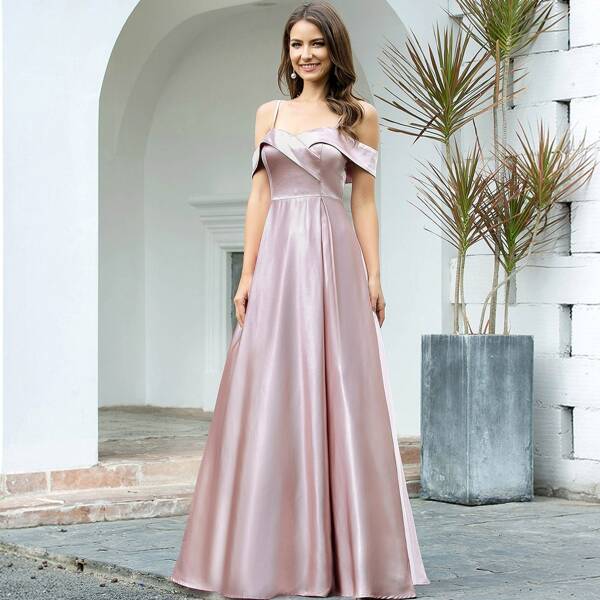 

Cold Shoulder Pleated Detail Satin Prom Dress, Pink