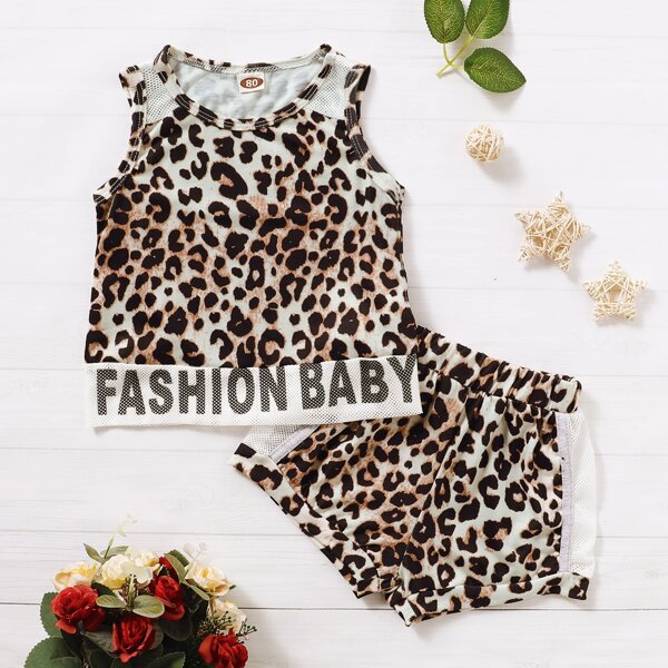 

Toddler Girls Leopard Print Letter Tape Tank Top & Shorts, Multicolor