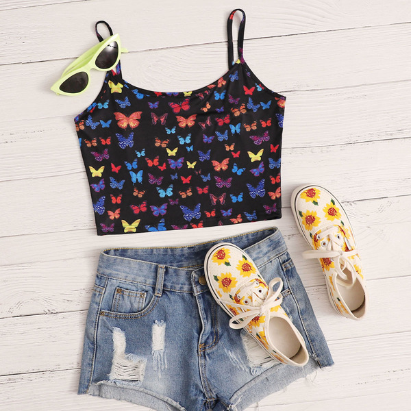 

Allover Butterfly Print Cami Top, Black