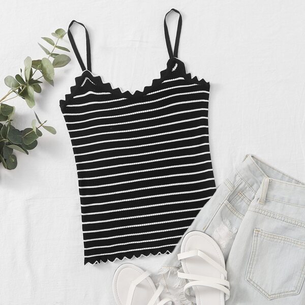

Striped Scallop Trim Cami Knit Top, Black