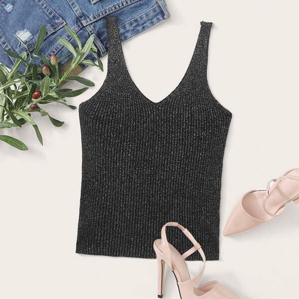 

Rib-Knit Marled Cami Top, Black