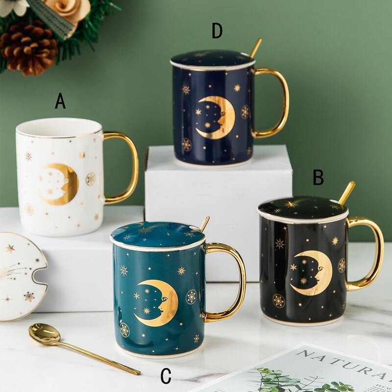 

1pc Moon Print Cup With Lid & 1pc Spoon, Multicolor