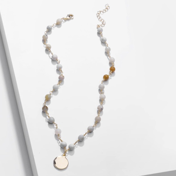 

Round Charm Beaded Necklace, Grey