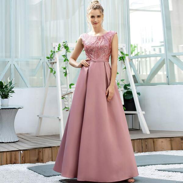 

V-back Sequin Bodice Prom Dress, Pink
