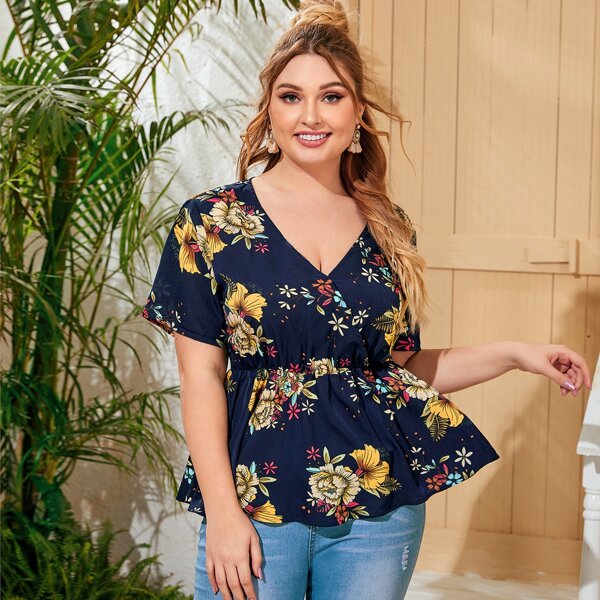 

Plus Surplice Neck Floral Peplum Top, Navy blue
