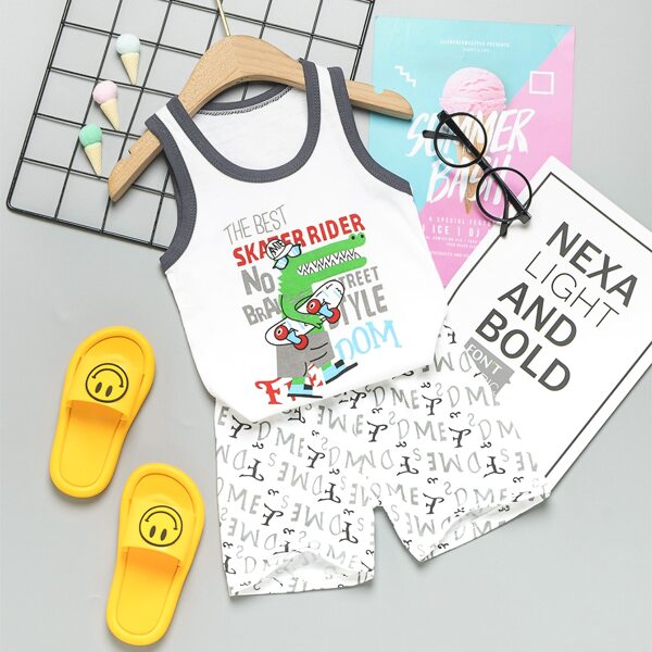 

Toddler Boys Cartoon & Letter Graphic Ringer Tank Top With Shorts, Multicolor