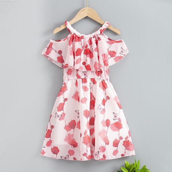

Toddler Girls Cold Shoulder Floral & Butterfly Print Ruffle Dress, Pink