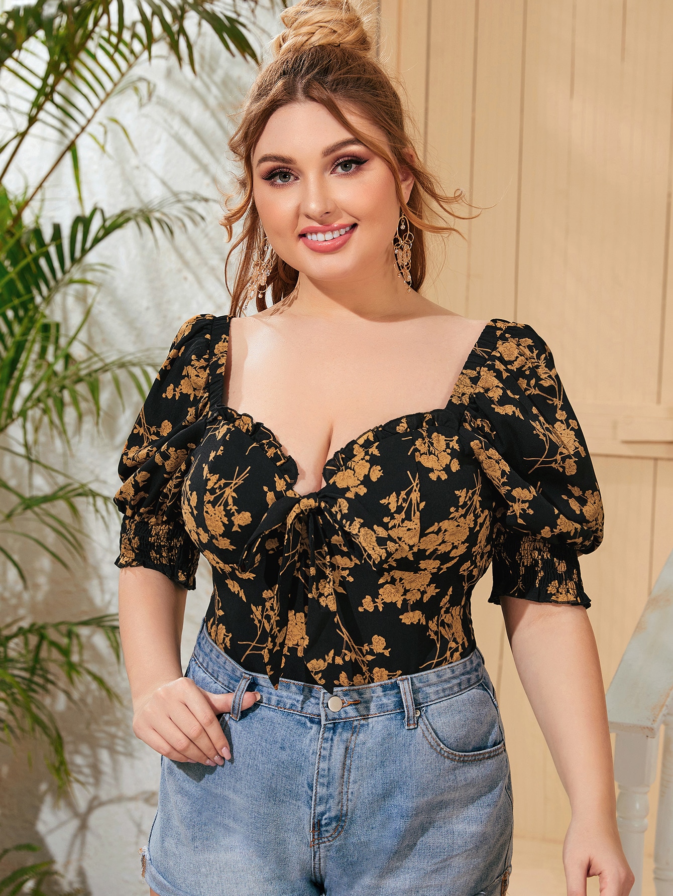 Plus Tie Front Frill Trim Shirred Back Top thumbnail