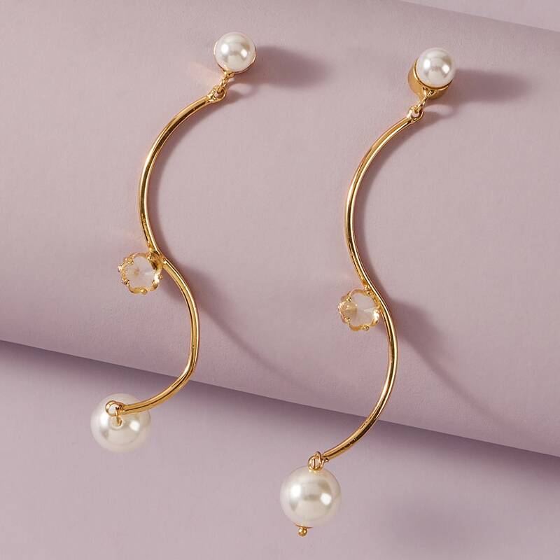 

1pair Pearl Decor Rhinestone Engraved Drop Earrings, Gold