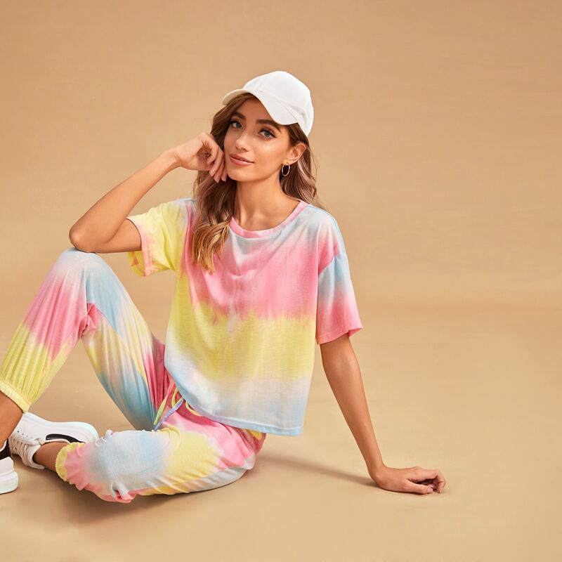 

Tie Dye Drawstring Waist PJ Set, Multicolor