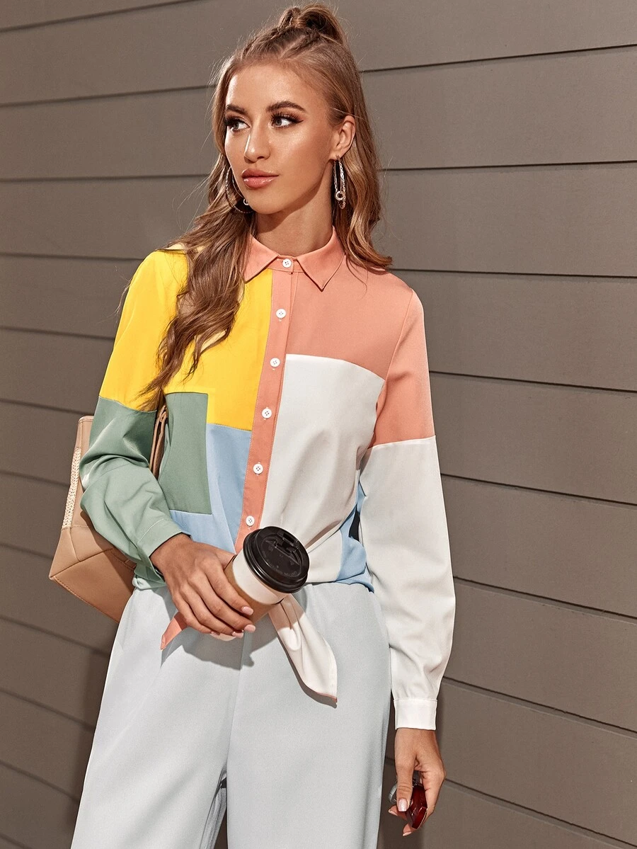 Contrast Panel Curved Hem Button Up Shirt - Multicolor - View 1