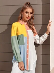 Contrast Panel Curved Hem Button Up Shirt - Multicolor - View 5